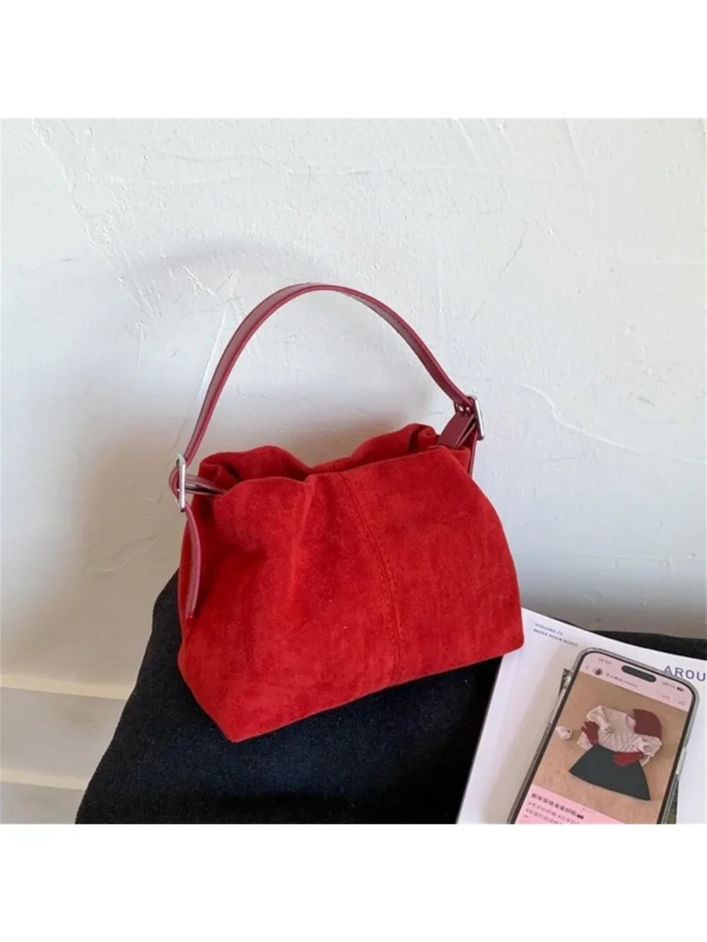 Vintage Suede Small Tote Bag | Drawstring Bucket Crossbody Purse for Everyday